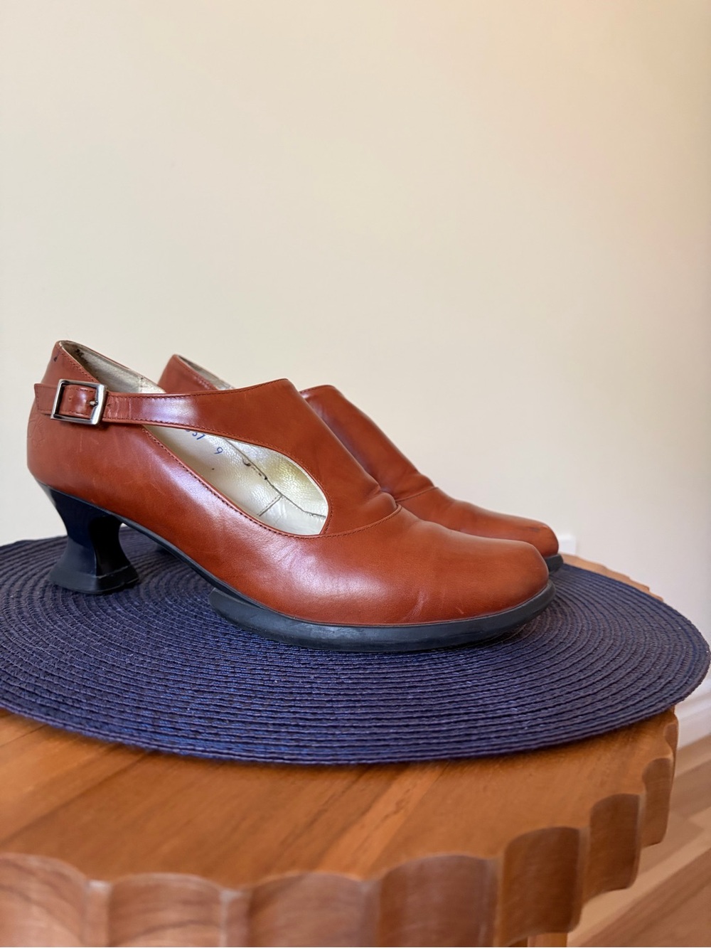 John Fluevog Cognac Leather Mary Jane Heels